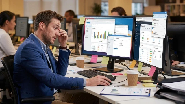 Sales professional overwhelmed by multiple dashboards and tools on computer screens in office